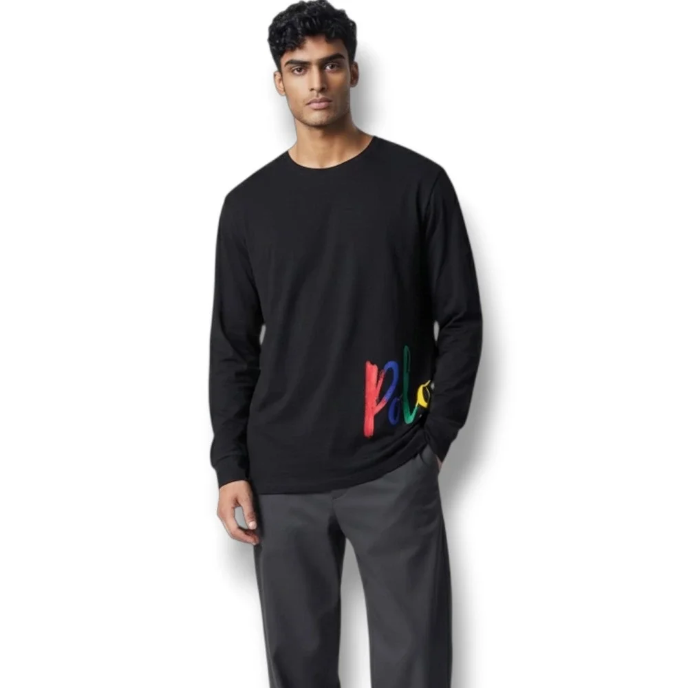 Polo Ralph Lauren Mens Black Long Sleeve Rainbow Script Logo Graphic T-Shirt M